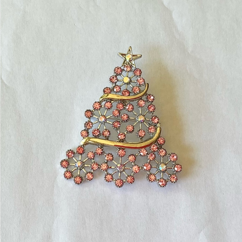 Festive Pink and Gold Christmas Tree Brooch-New